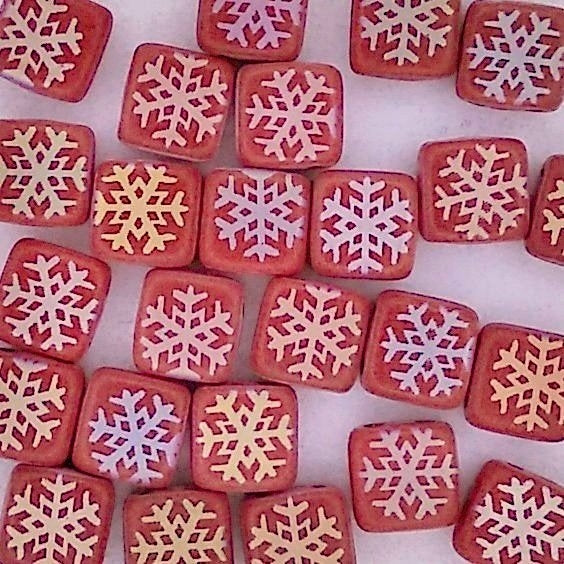 25 x 6mm Czech tiles in Matt Red with Laser etched Snowflakes