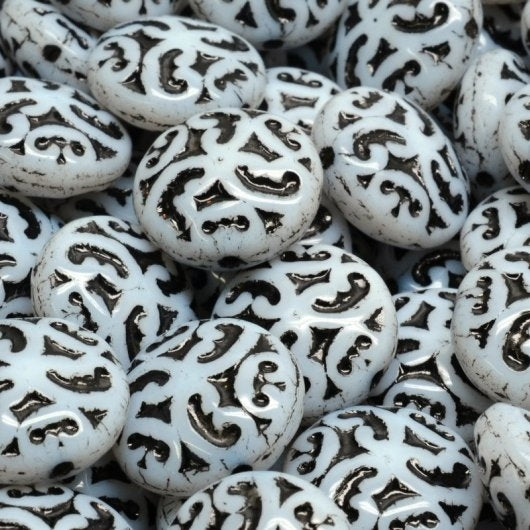 5 x 14mm lentil beads with Ornaments in Alabaster with Black
