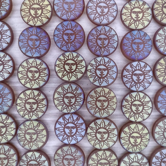 8 x 14mm disc beads in Matt Light Brown with laser etched face in sun