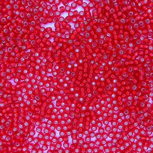 0010 - 10g Size 8/0 Miyuki seed beads in Silver lined Flame Red
