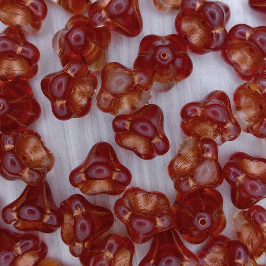5 x Bell Flowers in Cranberry with Copper (11x13mm)