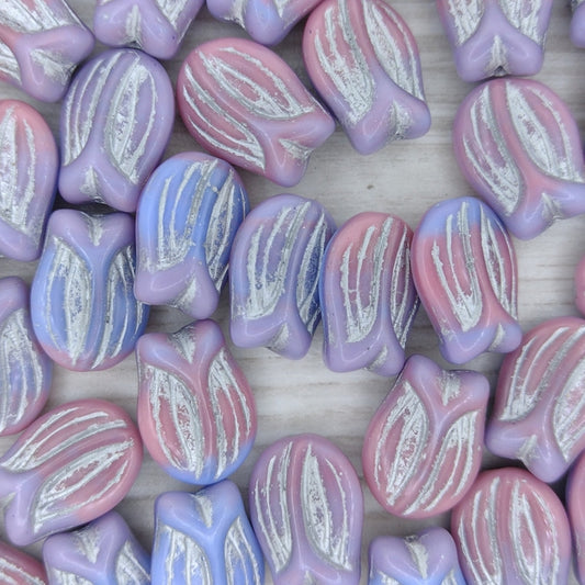 5 x Tulip flowers in Pink and Blue with Silver (16x11mm)