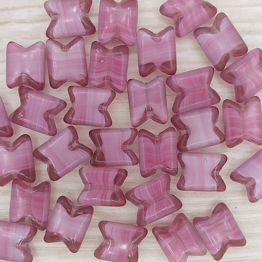2 x Handmade Pink/White  butterfly shaped beads (1960-70) 13x10mm
