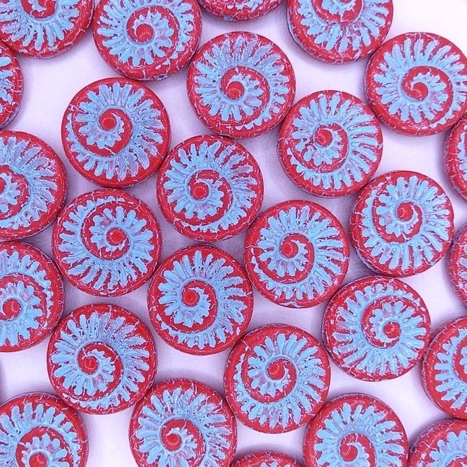 4 x 18mm fossils in Opaque Red/Turquoise