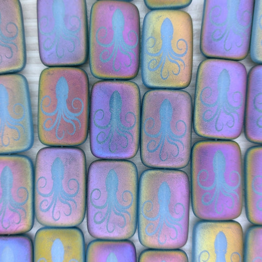 6 x rectangular beads in Matt Light Blue with laser etched Octopus (18x12mm)