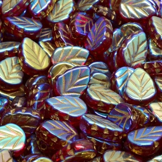 15 x Mint leaves in Siam Ruby Full AB with Gold (10x8mm)