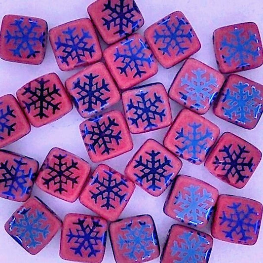 25 x 6mm Czech tiles in Dark Red with Laser etched Snowflakes