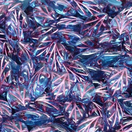 15 x Beech leaves in Aqua Blue with Pink Lustre (11x7mm)