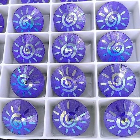 14mm Rivoli in Majestic Blue AB with Laser Etched Swirl or Sun pattern (Swarovski)