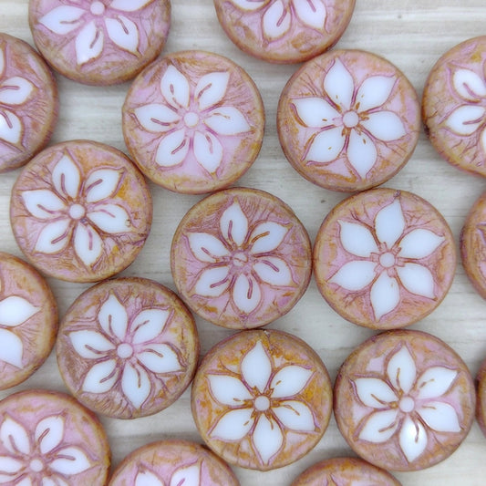 Pair of 18mm flower coins in Pink Picasso with Alabaster