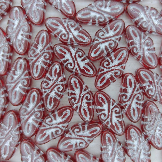 4 x Arabesque beads in Ruby Red and Silver (19x9mm)