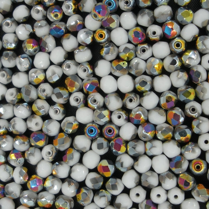 50 x 4mm faceted beads in White Vitrail