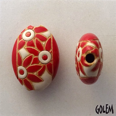 ABC-004-B-M almond bead in Red Flowers from Golem Studio