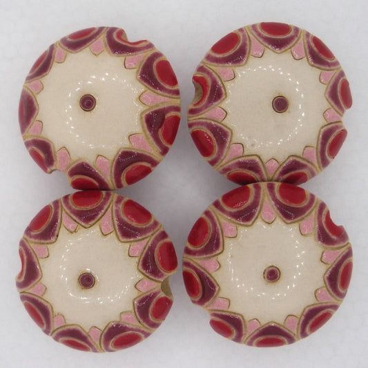 CLB-073-B-M lentil bead in White- Pink and Red Sun Design from Golem Studio