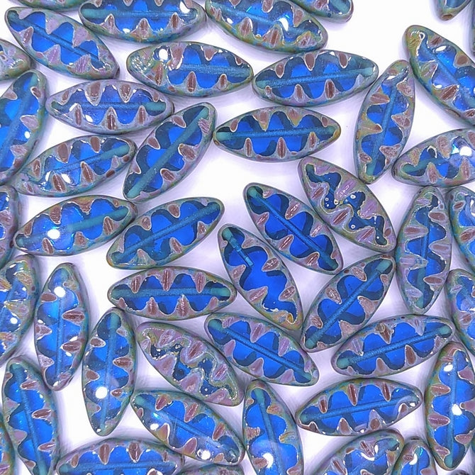 10 x table cut Spindle beads in Capri Blue Picasso (18x7mm)