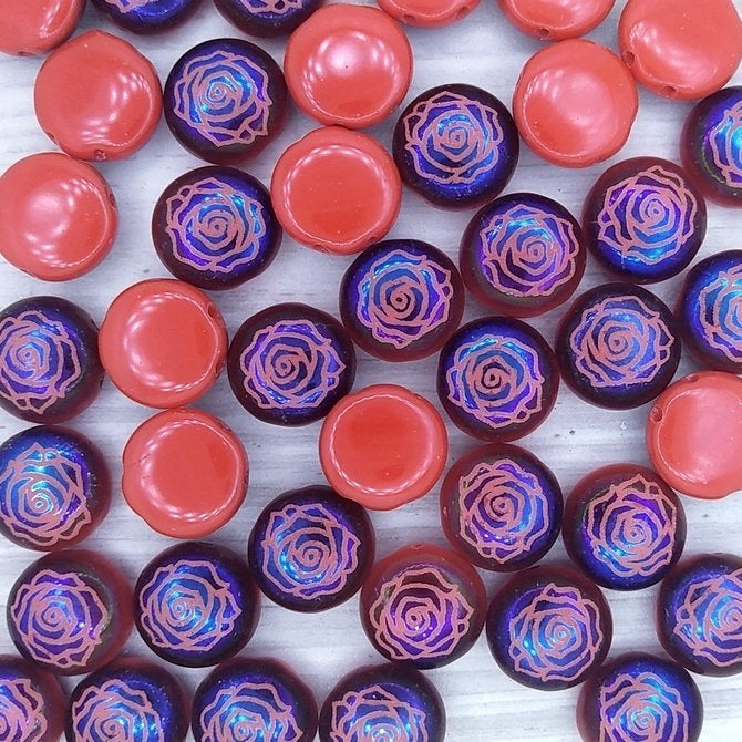 6 x 12mm candy beads in Opaque Red with Laser etched Rose