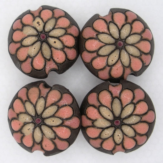 CLB-077-F-M lentil bead in Cream and Pink on Dark "Peacock" from Golem Studio