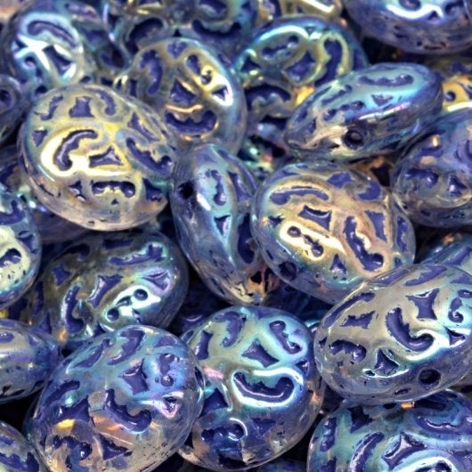 5 x 14mm lentil beads with Ornaments in Milky Sapphire with Full AB