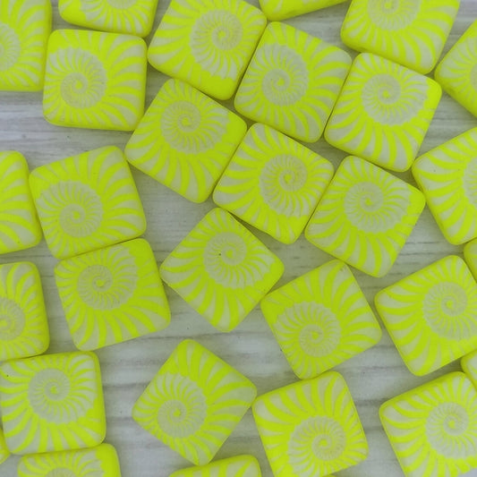 5 x 12mm square beads in Neon Yellow with laser etched shell