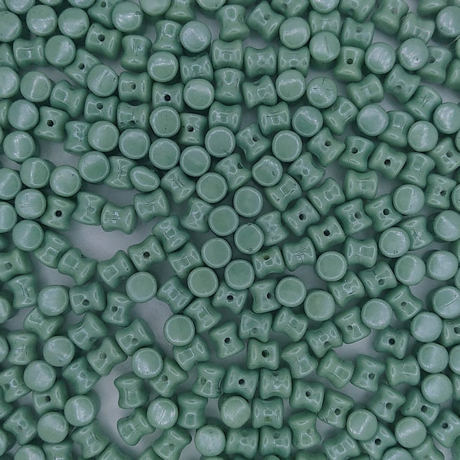 50 x diabolo beads in Chalk White/Green Lustre