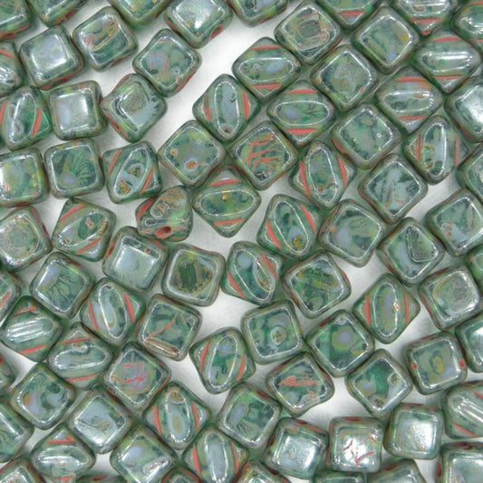 25 x 6mm Silky beads in Green Picasso