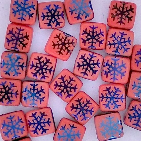 25 x 6mm Czech tiles in Orange with Laser etched Snowflakes