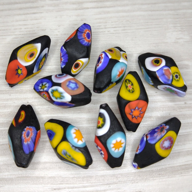 22x12mm Venetian millefiori bead in Matt Black Multicoloured (1960/70s)