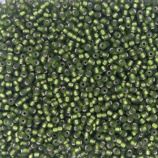 0026F - 10g Size 11/0 Miyuki seed beads in Matt Silver lined Olive