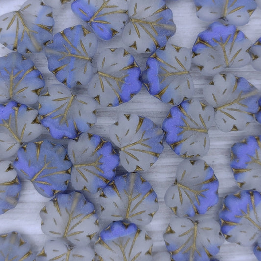 10 x Maple leaves in Matt Dark Blue/Crystal with Gold veins (13x11mm)