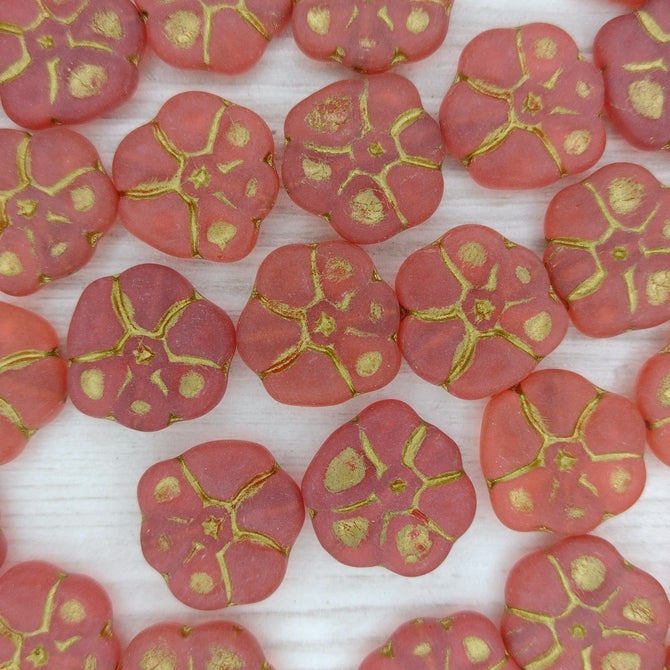 4 x 15mm Primrose flower beads In Matt Ruby with Gold