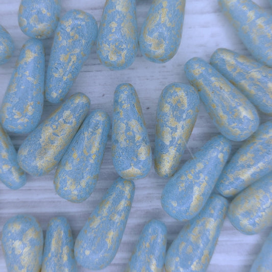 Pair of 20x9mm drops in Light Blue with Gold Splash