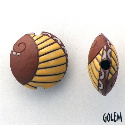 CLB-090-C-M lentil bead in Yellow on Terracotta Paisley from Golem Studio