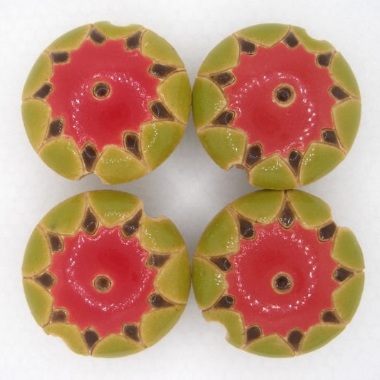 CLB-072-D-M lentil bead in Red and Light Green Sun design from Golem Studio