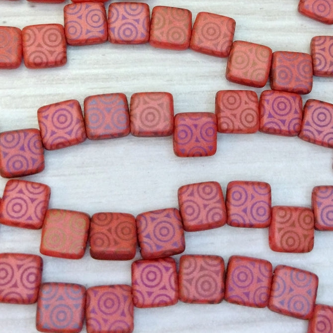 25 x 6mm Czech tiles in Matt Red with laser etched circles