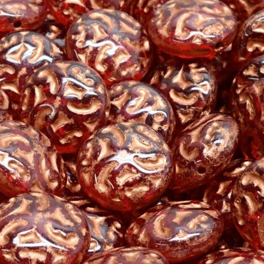5 x 14mm lentil beads with Ornaments in Ruby Red with Copper