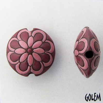 CLB-095-B-M lentil bead in Pink and Burgundy Double Feathers from Golem Studio