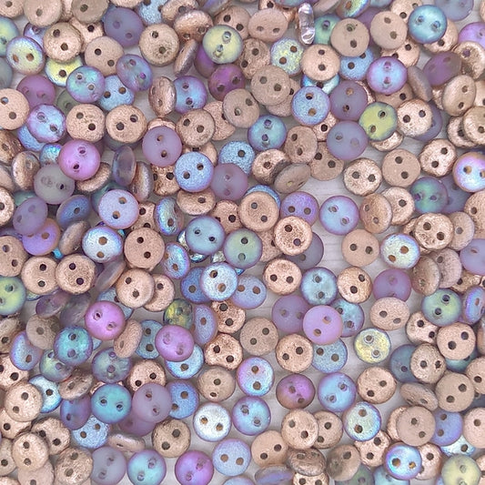 50 x two hole lentils in etched Copper Rainbow