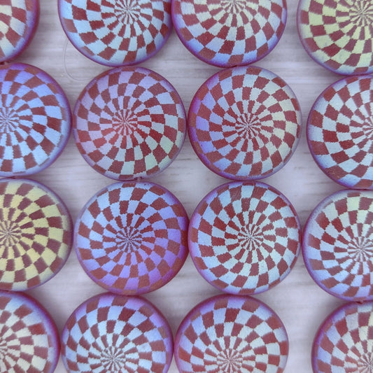 4 x 20mm lentil beads in Matt Dark Red with laser etched chessboard