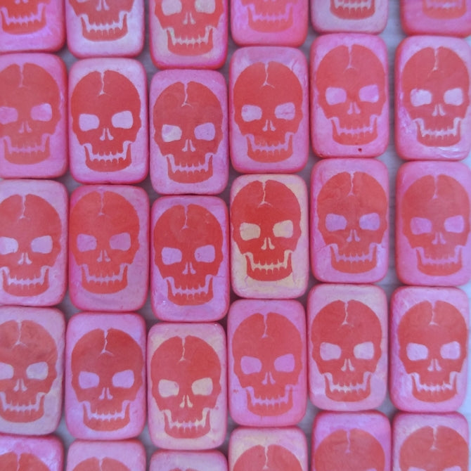 6 x rectangular beads in Light Coral with laser etched Skull (18x12mm)