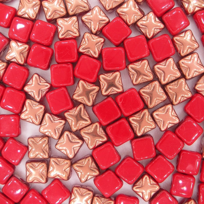 25 x 6mm Silky beads in Opaque Red/Capri Gold