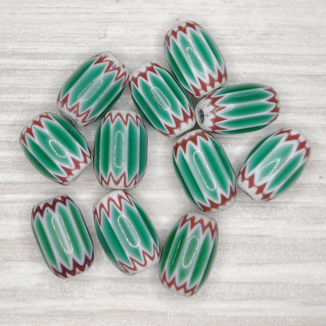 8mm Venetian chevron bead in Green and Red with 4 layers (1940s)
