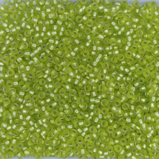 0014F - 10g Size 11/0 Miyuki seed beads in Matt Silver lined Chartreuse