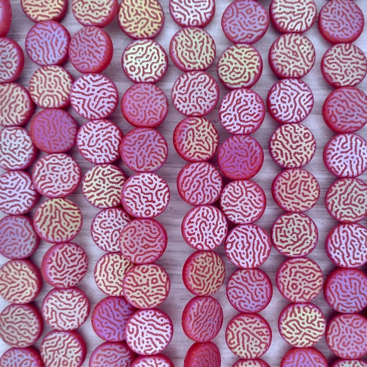 15 x 9mm disc beads in Matt Red with laser etched Fingerprints