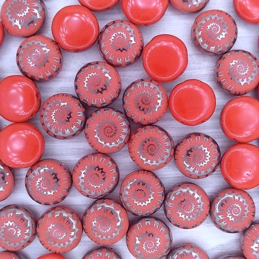 6 x 12mm candy beads in Opaque Red with Laser etched Shell